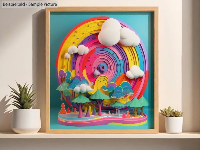 Colorful 3D art in frame with rainbow spiral, clouds, trees, and hills on a shelf with two potted plants.