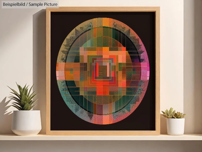 Framed circular abstract artwork with vibrant geometric patterns, featuring orange, green, and pink hues, displayed with plants.