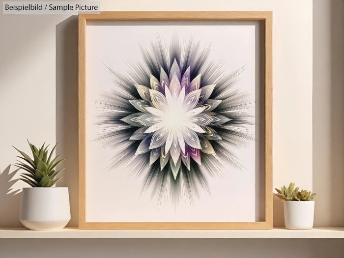 Framed abstract starburst artwork with shades of purple, white, and gray, placed on a shelf with small potted plants.