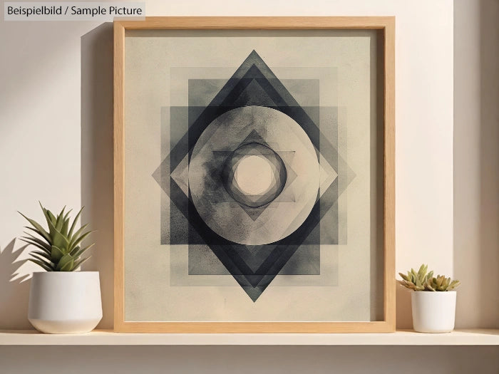 Framed geometric art print with overlapping circles and squares, flanked by two potted succulents on a white shelf.