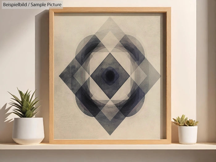 Geometric abstract artwork with overlapping diamond shapes in black and gray, framed on a shelf with small plants.