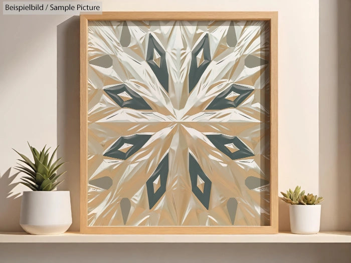 Framed abstract art with geometric diamond shapes in brown and teal, displayed on a white shelf with small potted plants.