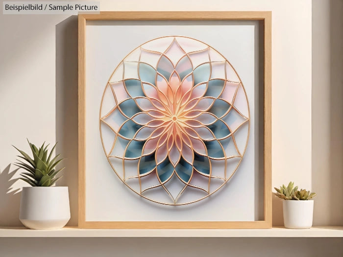 Framed geometric floral artwork with pastel shades of pink and blue, displayed between two potted succulents on a shelf.