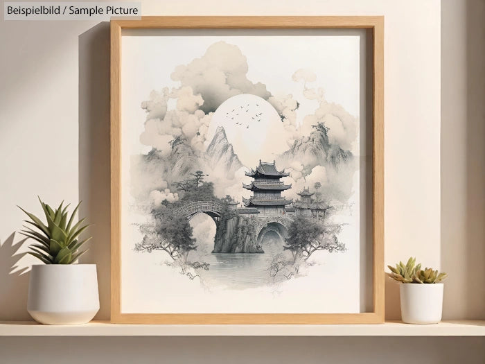 Framed Asian landscape painting with traditional architecture, mountains, and a river displayed on a shelf.