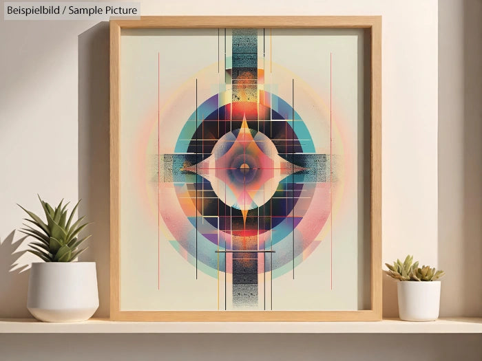 Framed abstract geometric artwork with vibrant colors on shelf, flanked by two small potted plants.