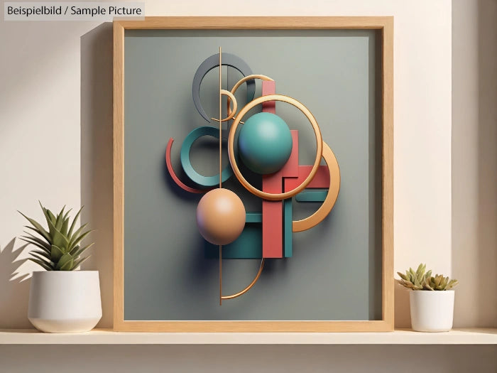 Geometric abstract wall art with circles and rectangles in a wooden frame, displayed on a shelf with potted plants.