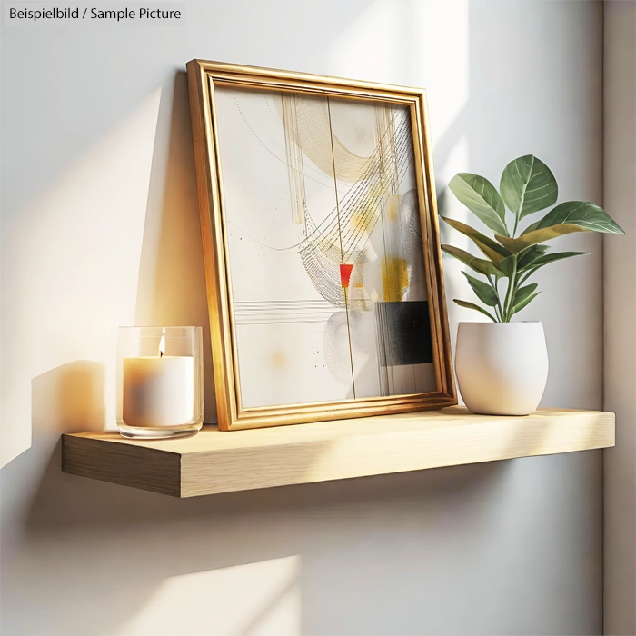 Framed abstract art with gold frame on wooden shelf beside potted plant and candle.