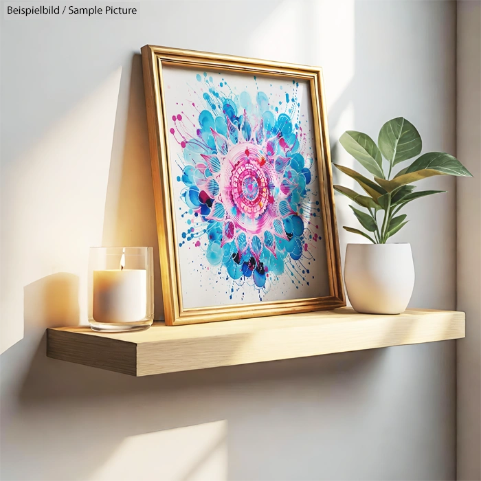 Framed abstract painting with pink and blue mandala on wooden shelf with candle and potted plant.