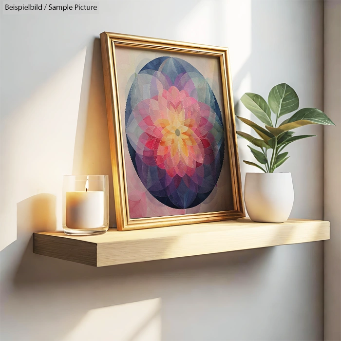 Framed abstract flower artwork on shelf with candle and plant, warm light highlighting cozy decor.