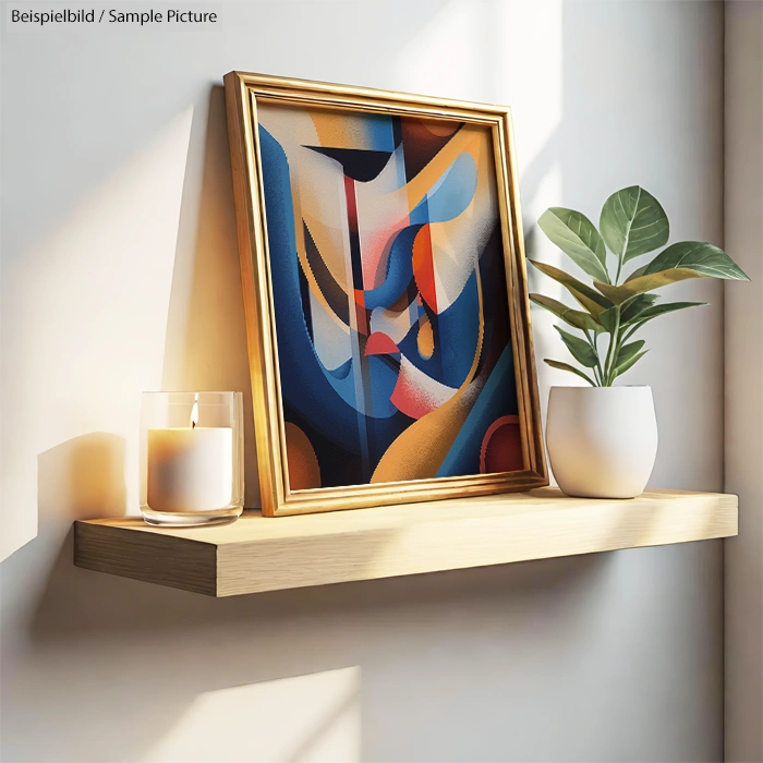 Abstract painting with blue, red, and yellow shapes on shelf next to a potted plant and candle.