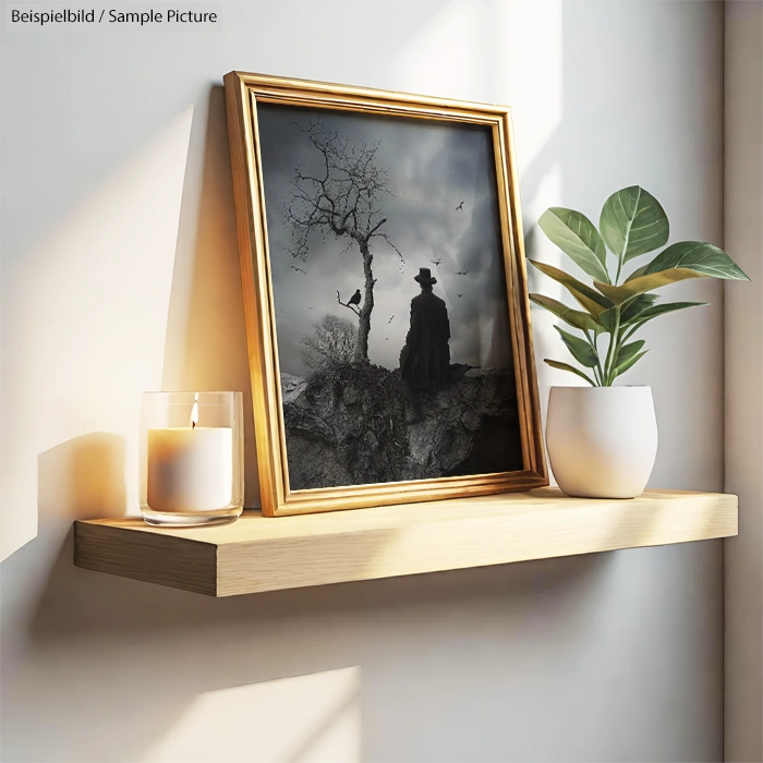 Photo frame with tree and figure art on a wooden shelf with a candle and potted plant under soft lighting.