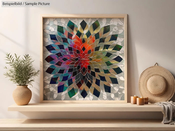 Colorful geometric mandala art framed on a wall with potted plant, straw hat, and candles nearby.