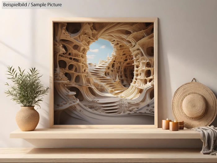 Framed abstract artwork featuring an intricate, tunnel-like design with a sky view, displayed on a wooden shelf.