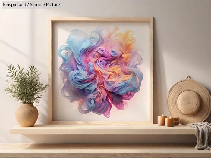 Framed abstract painting with swirling pastel colors on a shelf, next to a potted plant and candles. Hat on wall.