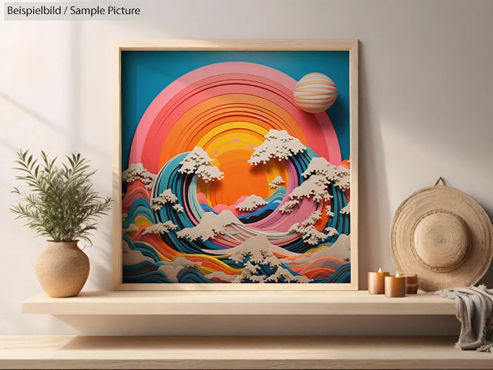 Abstract artwork with layered paper waves and a vibrant sunset in a wooden frame, set on a shelf with decor items.