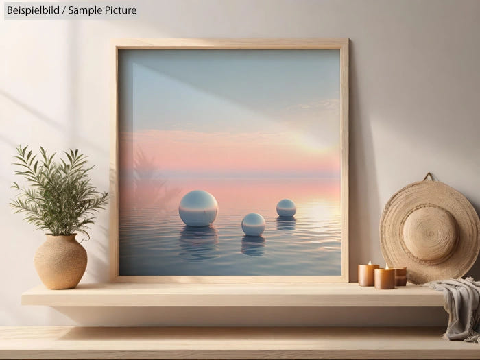 Framed artwork of serene sunset over water with three floating spheres, beside a pot plant and straw hat on a shelf.