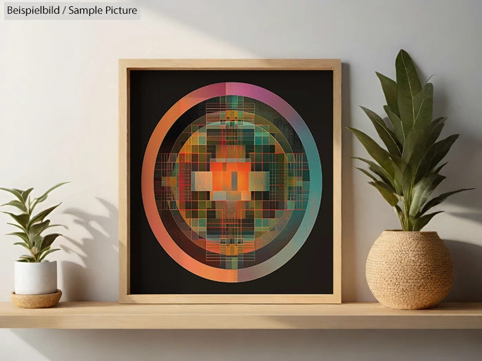 Framed geometric abstract artwork with round design in earthy tones, placed on a wooden shelf with potted plants.