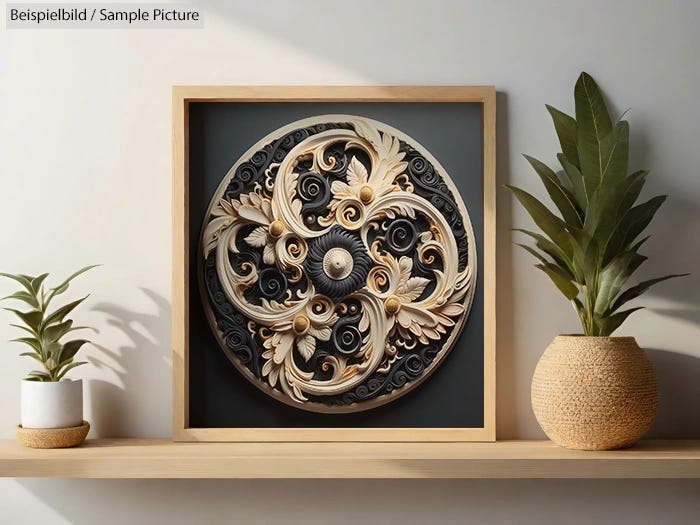 Intricate circular wood carving with floral and spiral patterns in a wooden frame, flanked by potted plants.