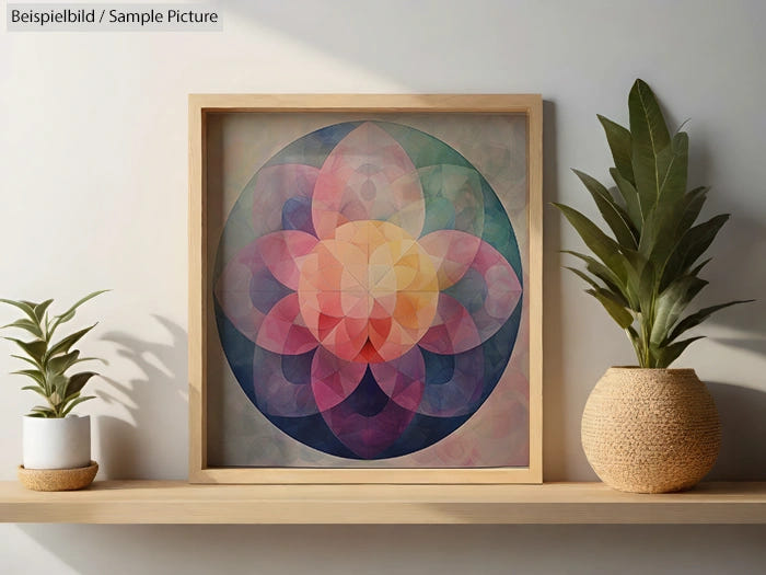 Geometric abstract painting with layered circular shapes in a wooden frame, flanked by potted plants on a shelf.