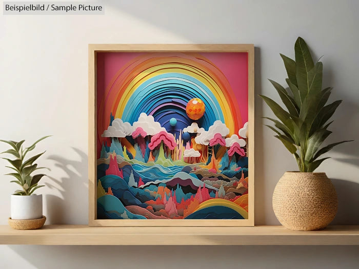 Colorful papercut mountain landscape with rainbow, sun, and clouds in wooden frame on shelf with potted plants.