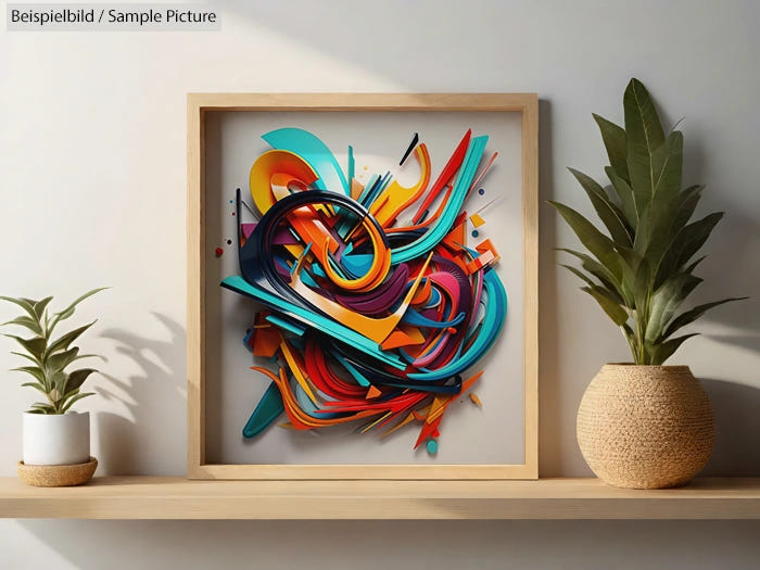 Colorful abstract 3D artwork in wooden frame on wall; two potted plants on a shelf, casting shadows.