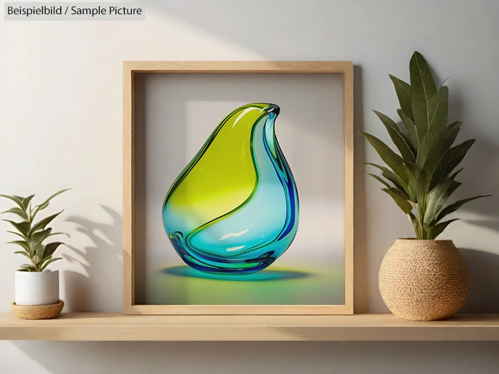 Framed abstract glass sculpture in green and blue tones on a shelf, flanked by two potted plants.