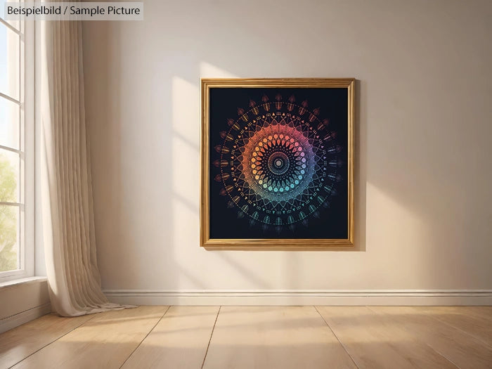 Framed mandala art with vibrant colors on a wall in a sunlit room with wooden floor and curtain-draped window.