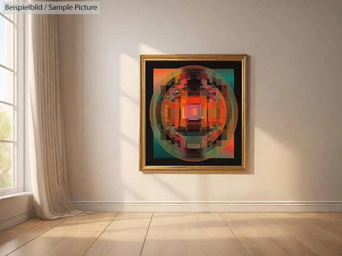 Framed geometric abstract art in warm colors on wall in sunlit room with wooden floor and sheer curtains.