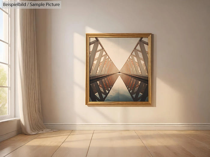 Framed geometric art on wall in sunlit room with light wood floor and curtain-covered window.