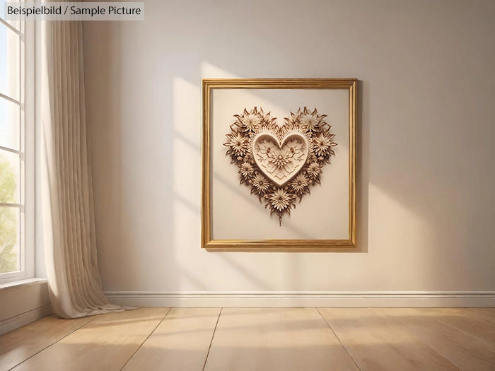 Heart-shaped floral wall art in a golden frame on a light beige wall, next to a window with sheer curtains.