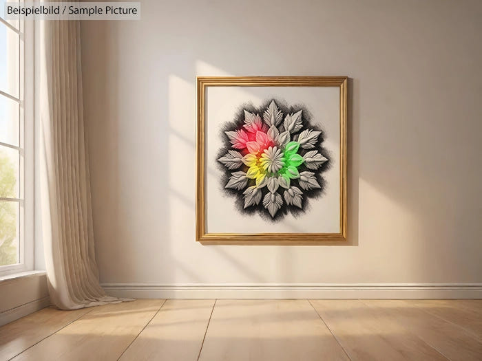 Framed floral artwork with red, yellow, and green accents on a wall in a sunlit room with curtains.