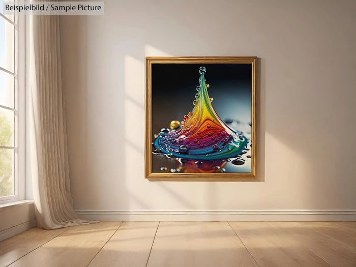 Framed abstract painting of colorful liquid splash hanging on a wall in a bright, sunlit room.