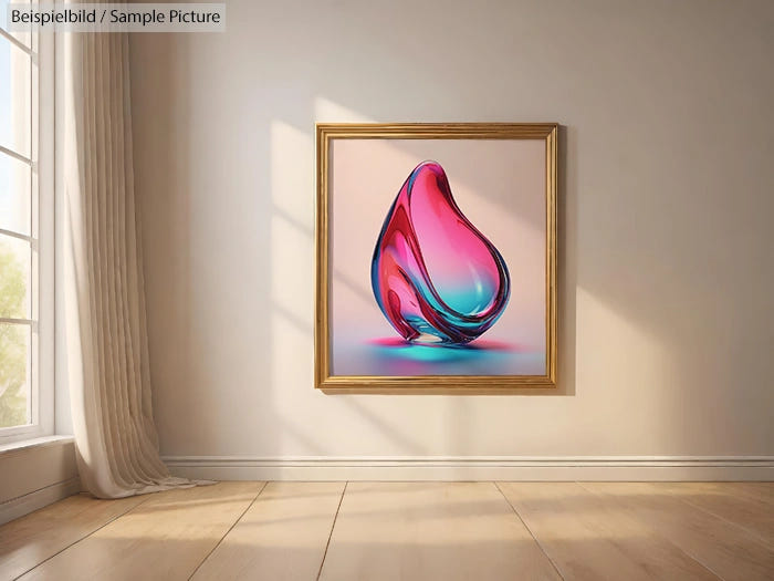 Modern interior with abstract artwork featuring a colorful, glass-like sculpture framed on a wall.