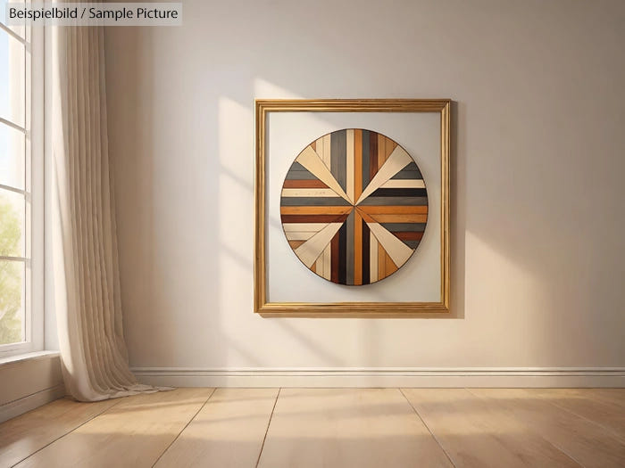 Wooden geometric art piece in circular frame on wall, sunlight streaming through window onto wooden floor.