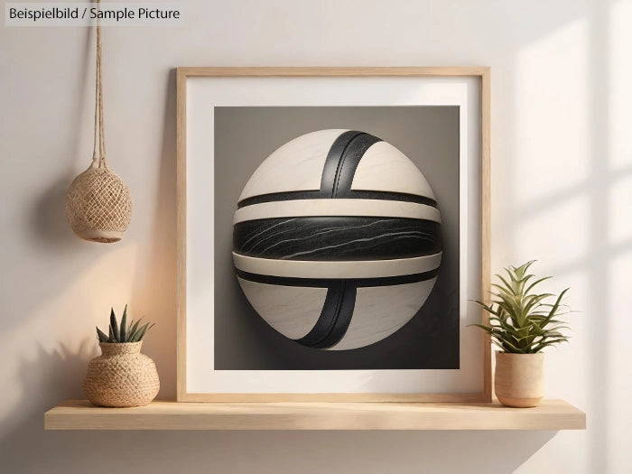 Framed geometric art with black and white circular design on shelf, flanked by small potted plants and a hanging basket.