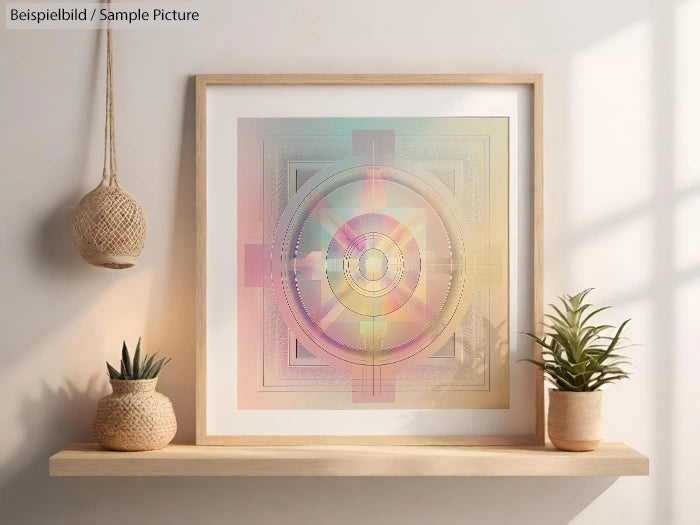 Framed abstract art with soft pastel colors on a shelf, surrounded by small potted plants.