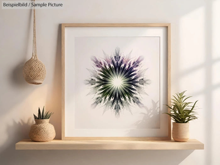 Framed abstract art with a white starburst pattern; potted plants on a wooden shelf.