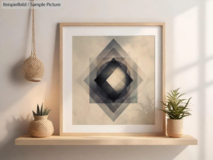 Framed abstract geometric artwork on a shelf with two plants; sunlight casts shadows on the wall.