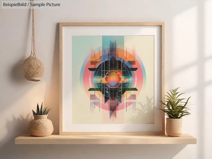 Framed abstract geometric artwork with circular and triangular shapes on wall shelf, next to potted plants.