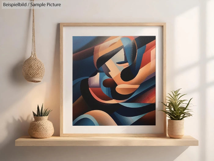 Framed abstract painting with curves in blue, orange, and brown tones on a shelf with two potted plants.