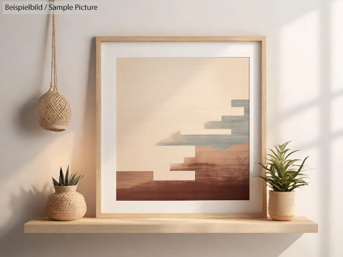 Abstract geometric art in neutral tones framed on a shelf with potted plants and warm lighting.