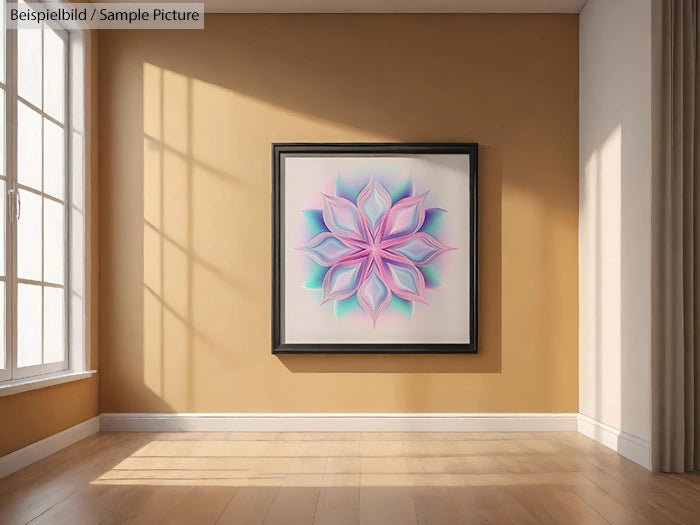 Modern art piece with pink and blue star shape on tan wall, in sunlit room with wood flooring.