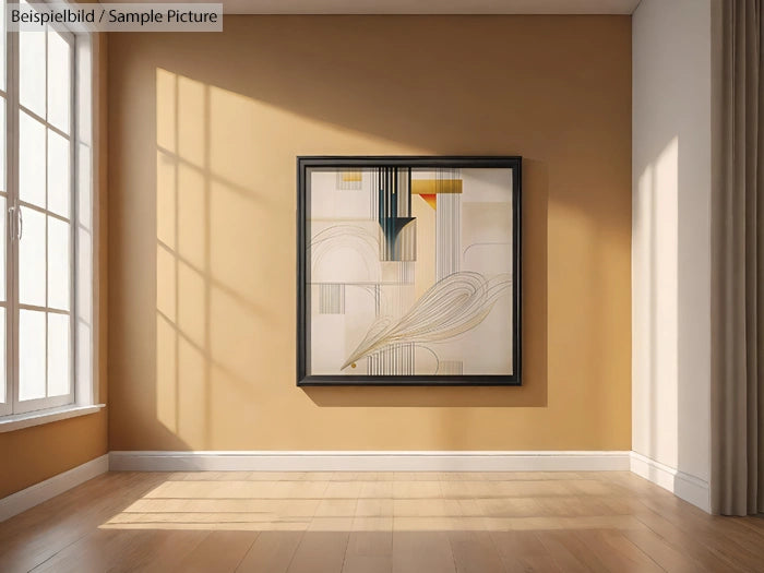 Abstract artwork in a sunlit room with wooden floors and a beige wall.