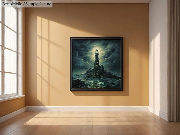 Framed lighthouse artwork on stormy sea, hung on a sunlit wall in a minimalist room with wooden floor.