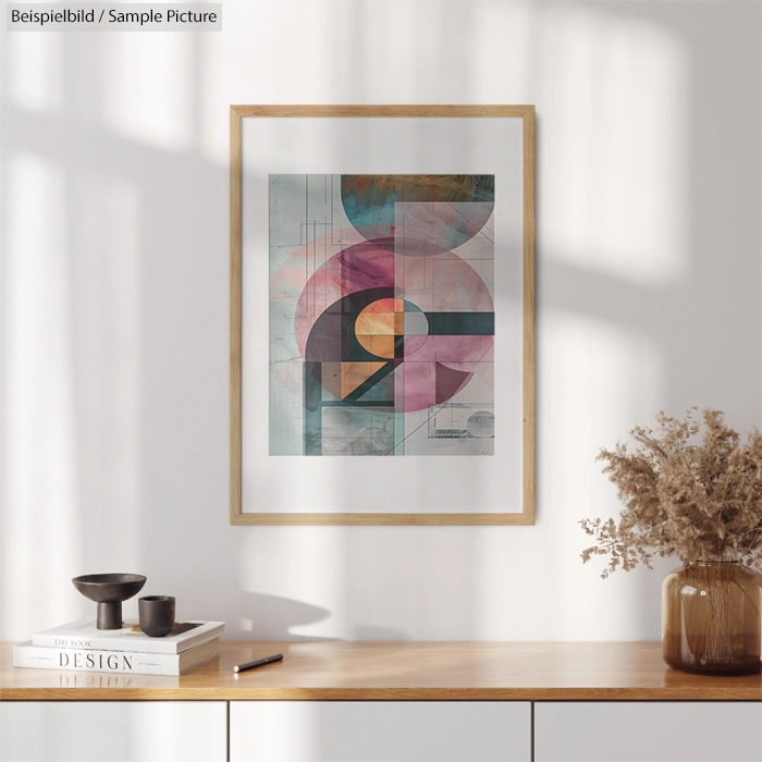 Framed abstract art with geometric shapes and pastel colors on a wall above a wooden table with decor items.