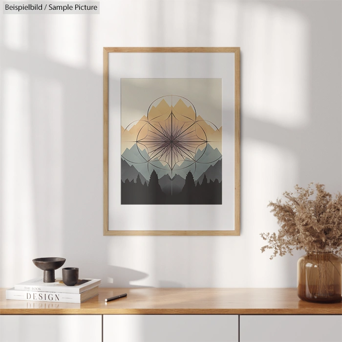 Framed geometric landscape artwork on wall above a wooden table with decorative items and dried plants, in soft lighting.