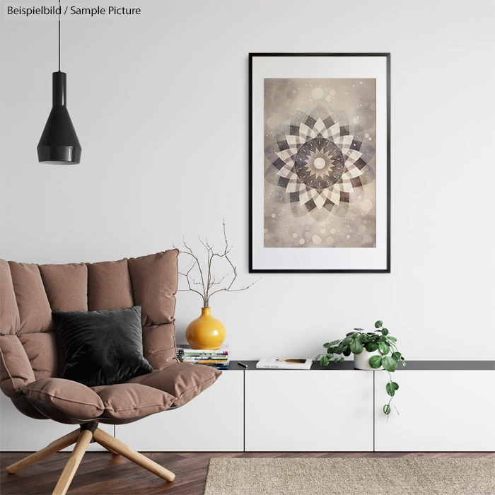 Modern living room with brown armchair, abstract art, black pendant lamp, and potted plant on a white cabinet.