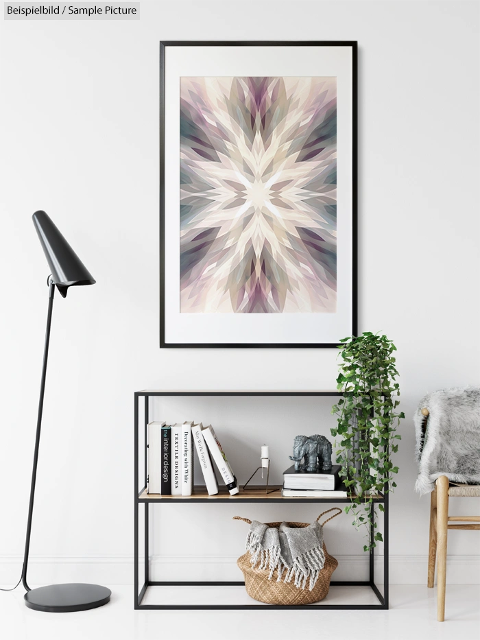 Modern interior with geometric artwork, black floor lamp, open shelving, books, decorative plants, and a fur-draped chair.