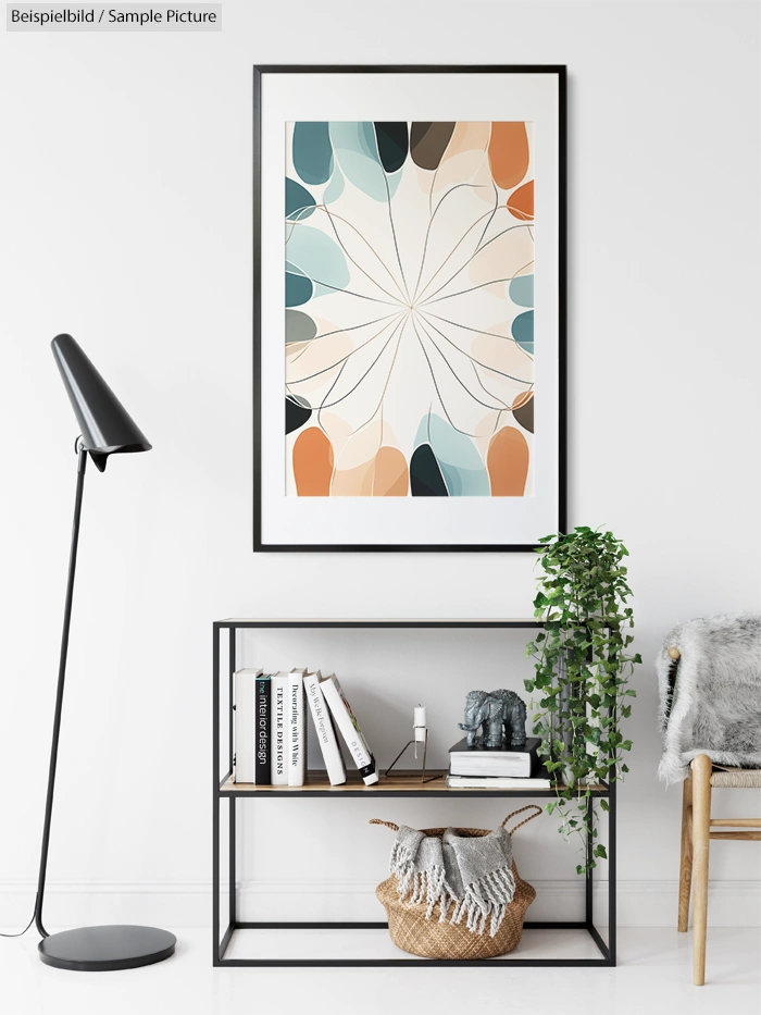 Modern living room with abstract floral artwork, black lamp, books, and plants on a minimalist console table.