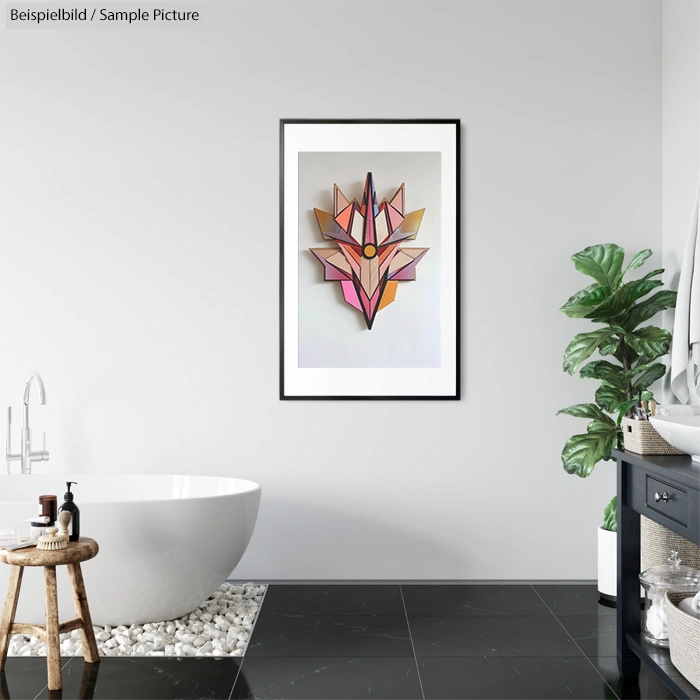 Modern bathroom with abstract fox art on wall, white tub, wooden stool, and potted plant with black tiled floor.